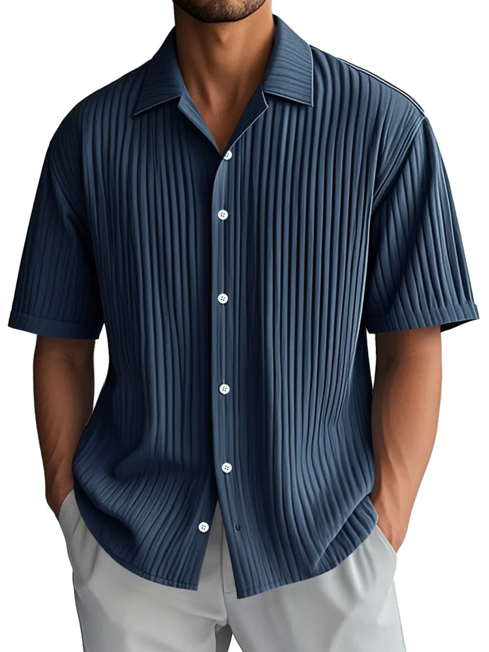 Ribbed Knit Camp Collar Shirt