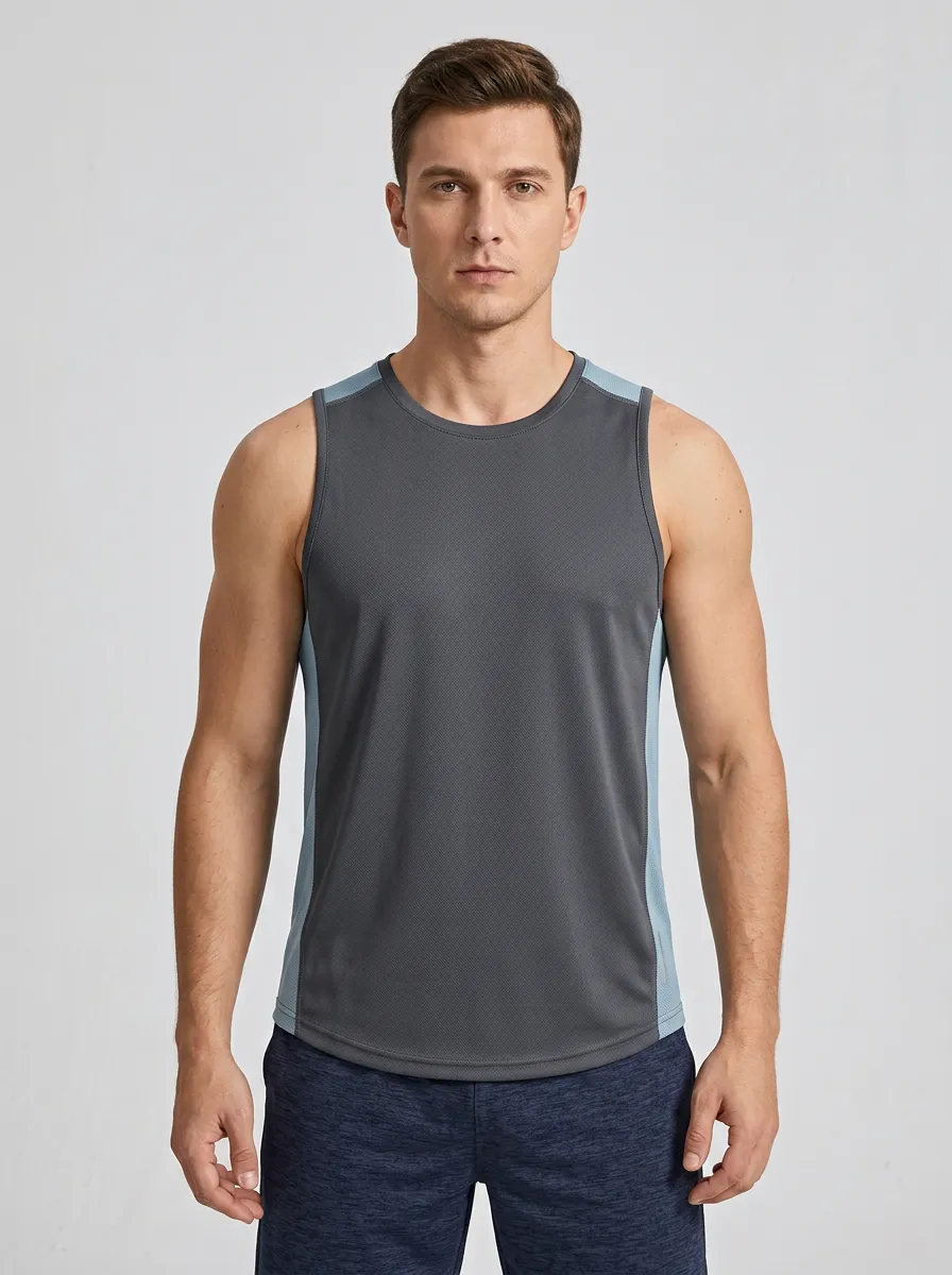 Men's Sport Fitness Grey Blue Colorblock Quick-Dry Tank Top