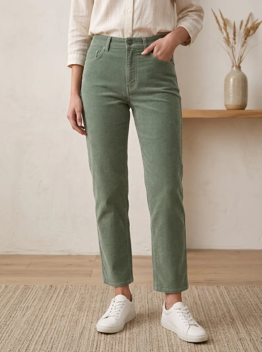 Women's Straight-Leg Mid-Rise Five-Pocket Belt-Loop Corduroy Pants