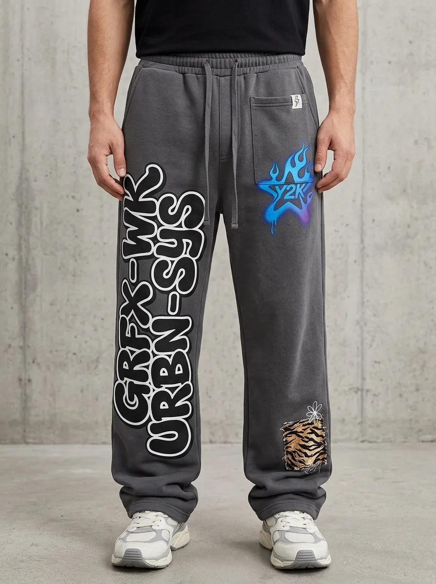 Men's Streetwear Y2K Flame Star Tiger Patch Printed Sweatpants