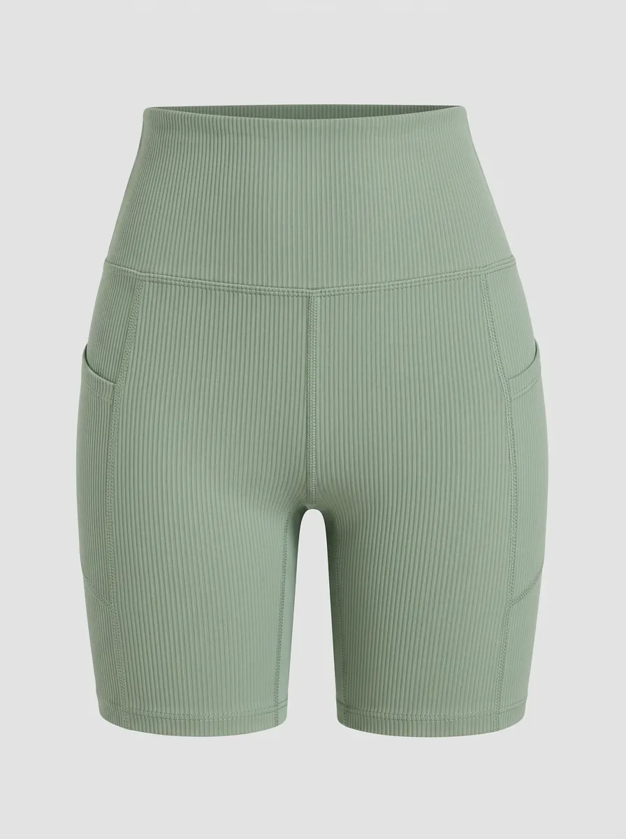 Women's Yoga Fitness Sage Green Ribbed High-Waisted Pocket Shorts