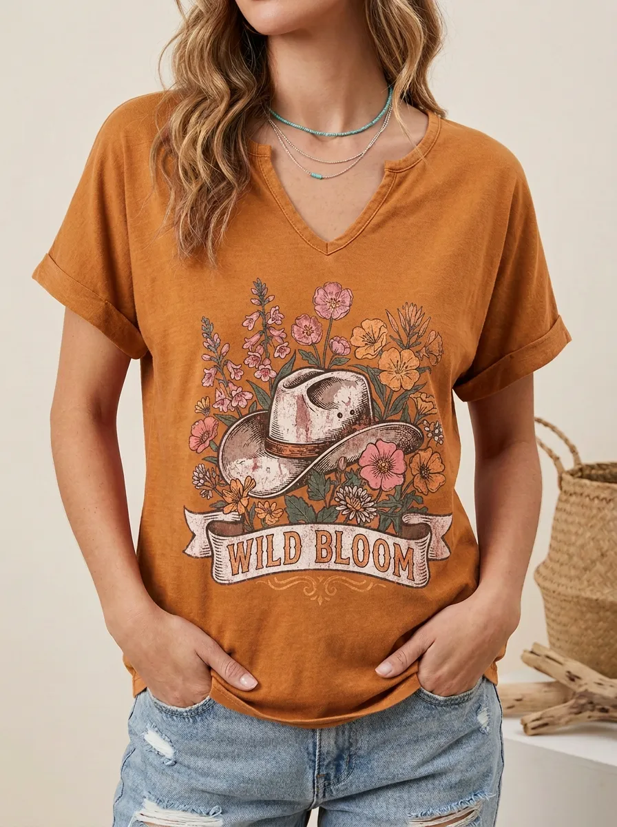 Refined Cowboy-Hat Women's V-Neck T-Shirt