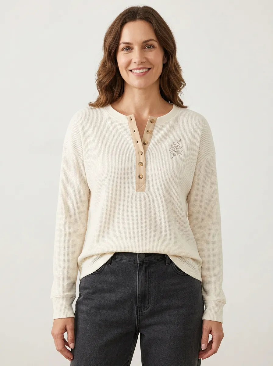 Women's Minimalist Nature Lover Leaf Printed Waffle Henley Shirt