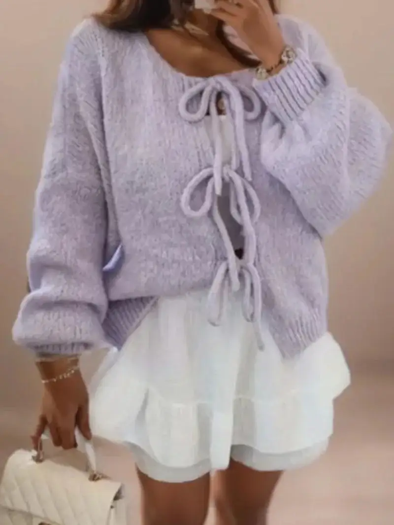 Soft Knit Tie Front Cardigan Balloon Sleeve Bow Detail