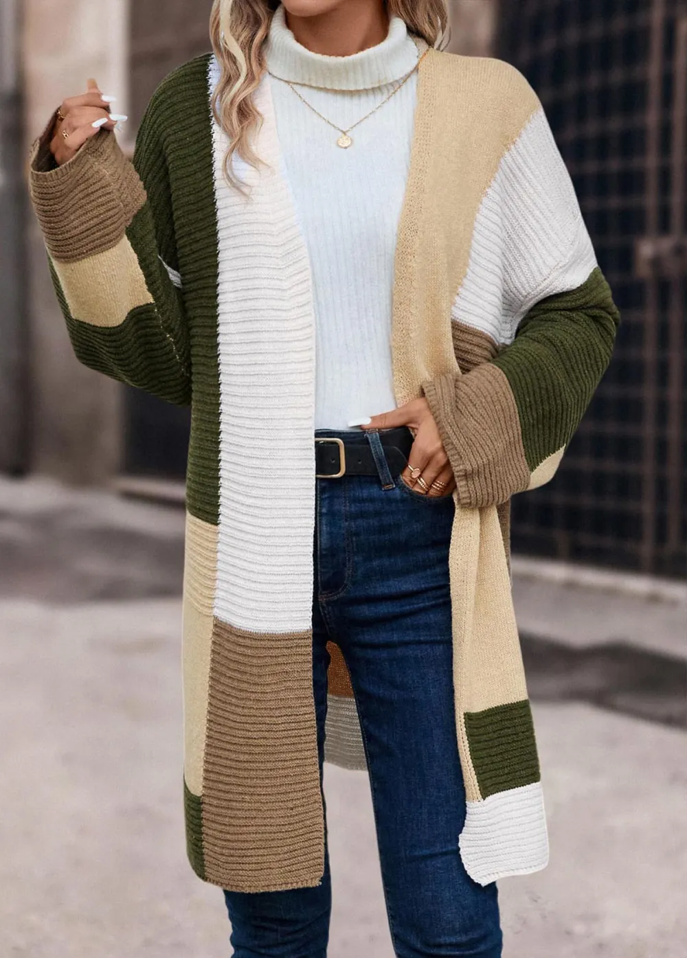 Multi Color Patchwork Long Sleeve V Neck Coat
