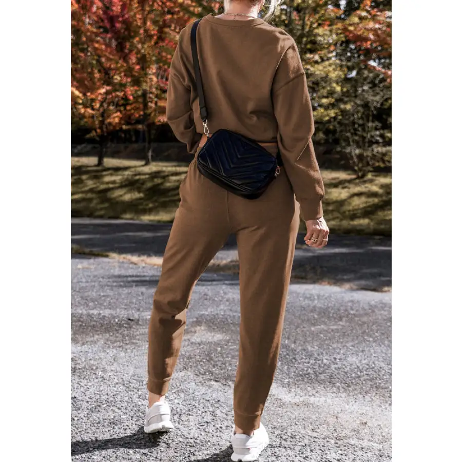 Side Slit Round Neck Long Sleeve Top and Pants Set