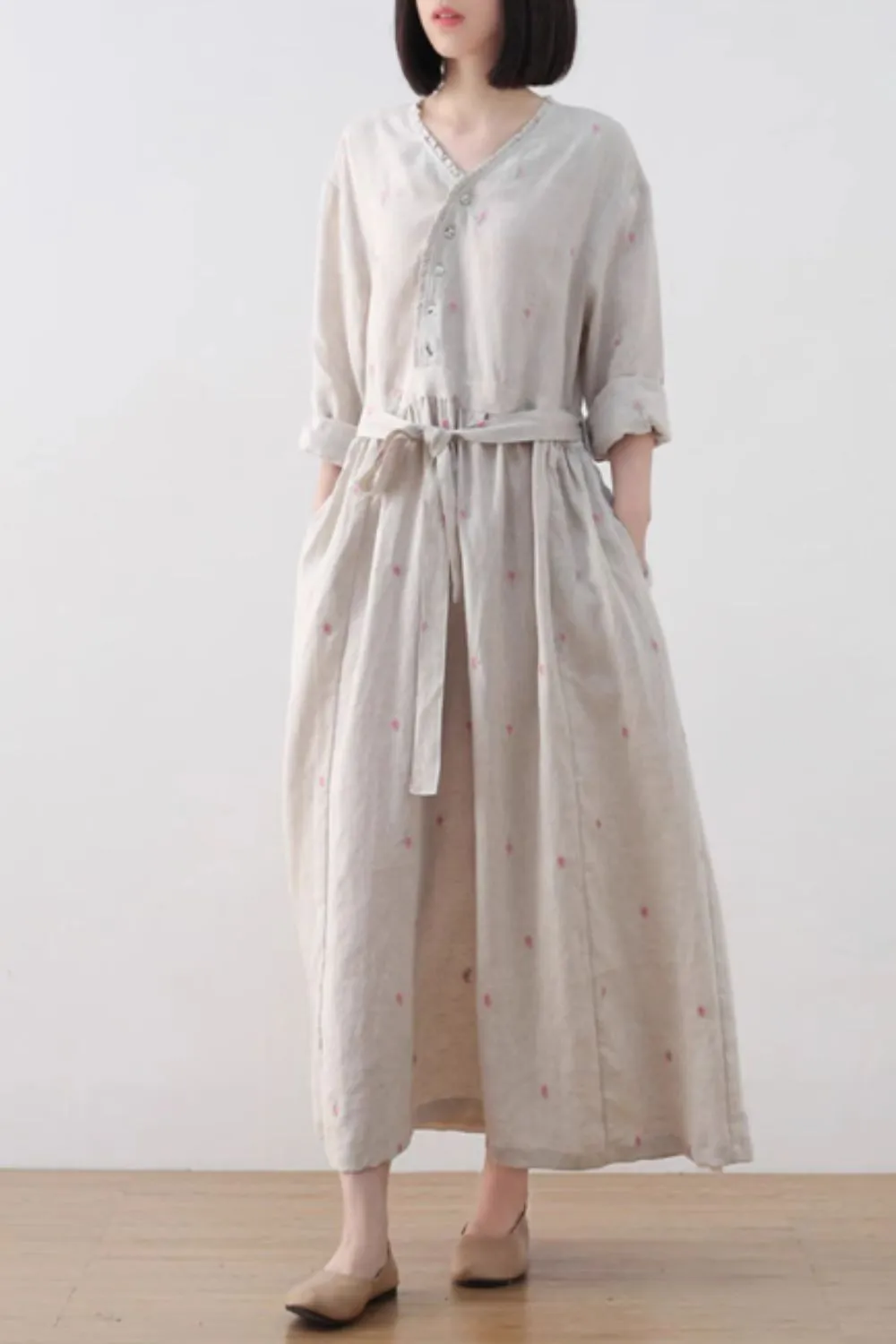 Floral Linen Ruffle Long Sleeve Midi Dress