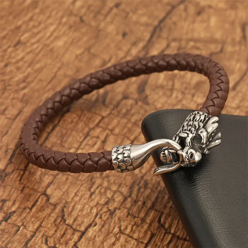 Braided Leather Dragon Punk Bracelet