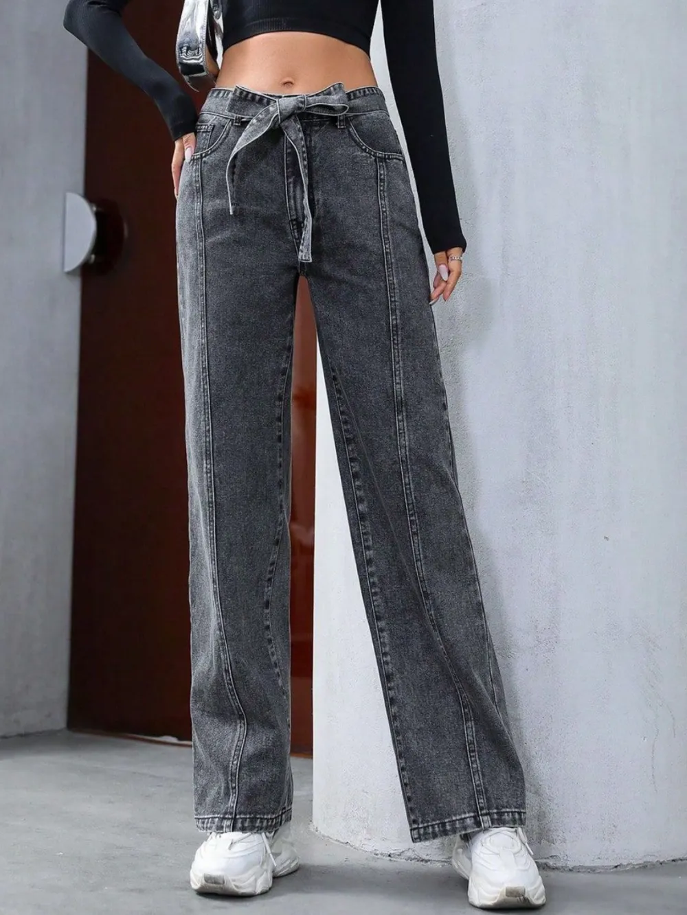 Tied Straight Leg Pocket Detail Denim Jeans