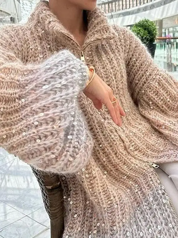 Women's Zip-Up High-Neck Relaxed Sweater