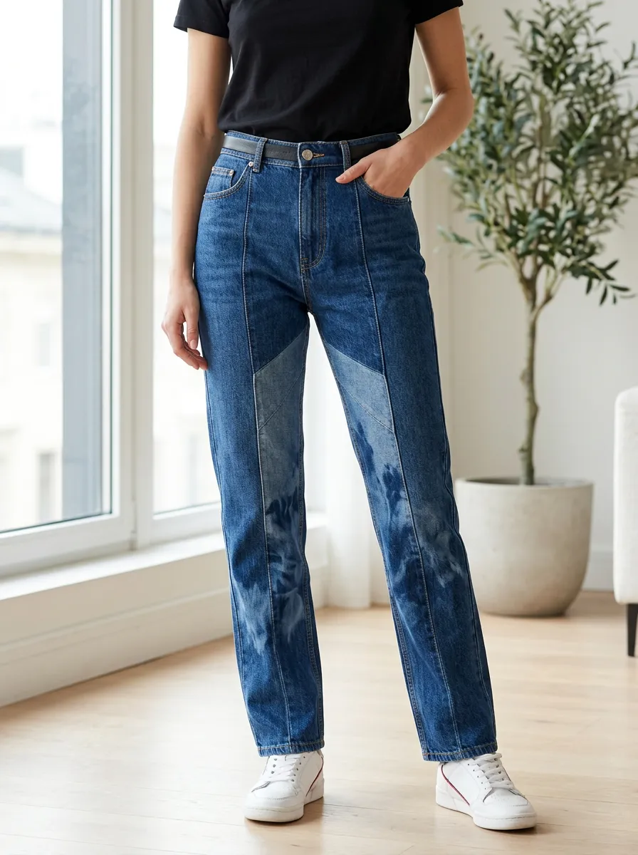 Women's Casual Fashion Two-Tone Tie-Dye Panel Printed Jeans