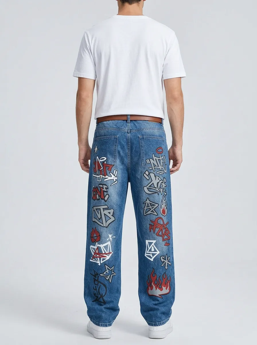 Unisex Modern Streetwear Graffiti Flame Jeans