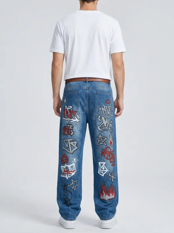Unisex Modern Streetwear Graffiti Flame Jeans