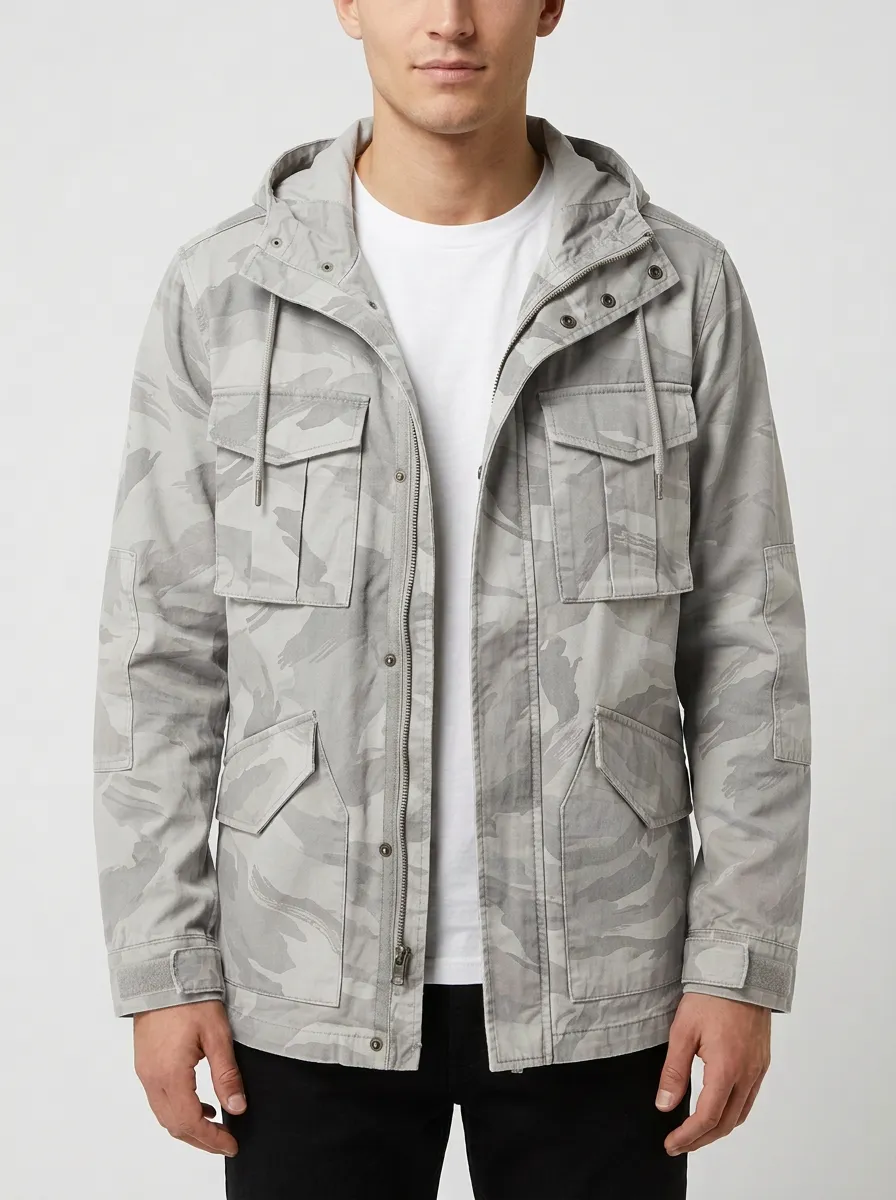 Men's Hooded Camouflage Outerwear with Snap Detail