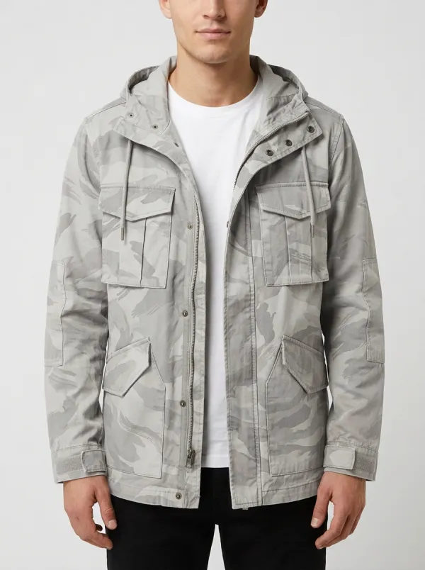 Men's Hooded Camouflage Outerwear with Snap Detail