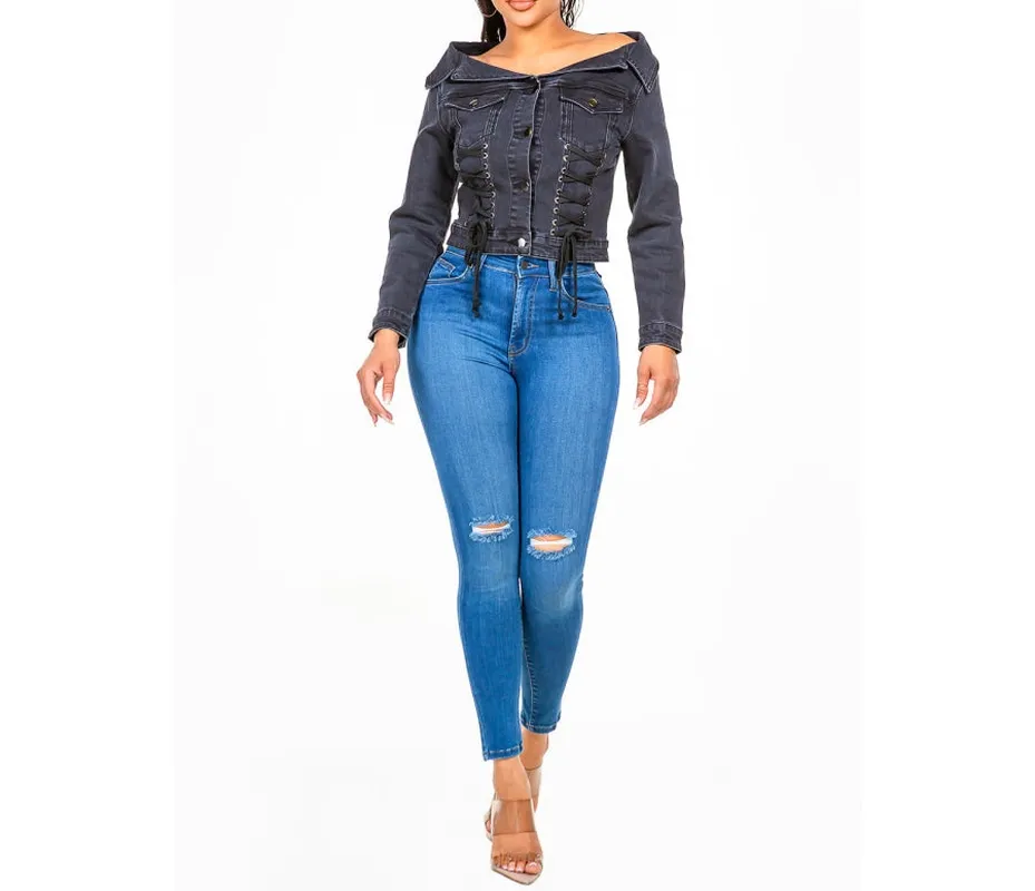 Off-Shoulder Lace-Up Denim Jacket