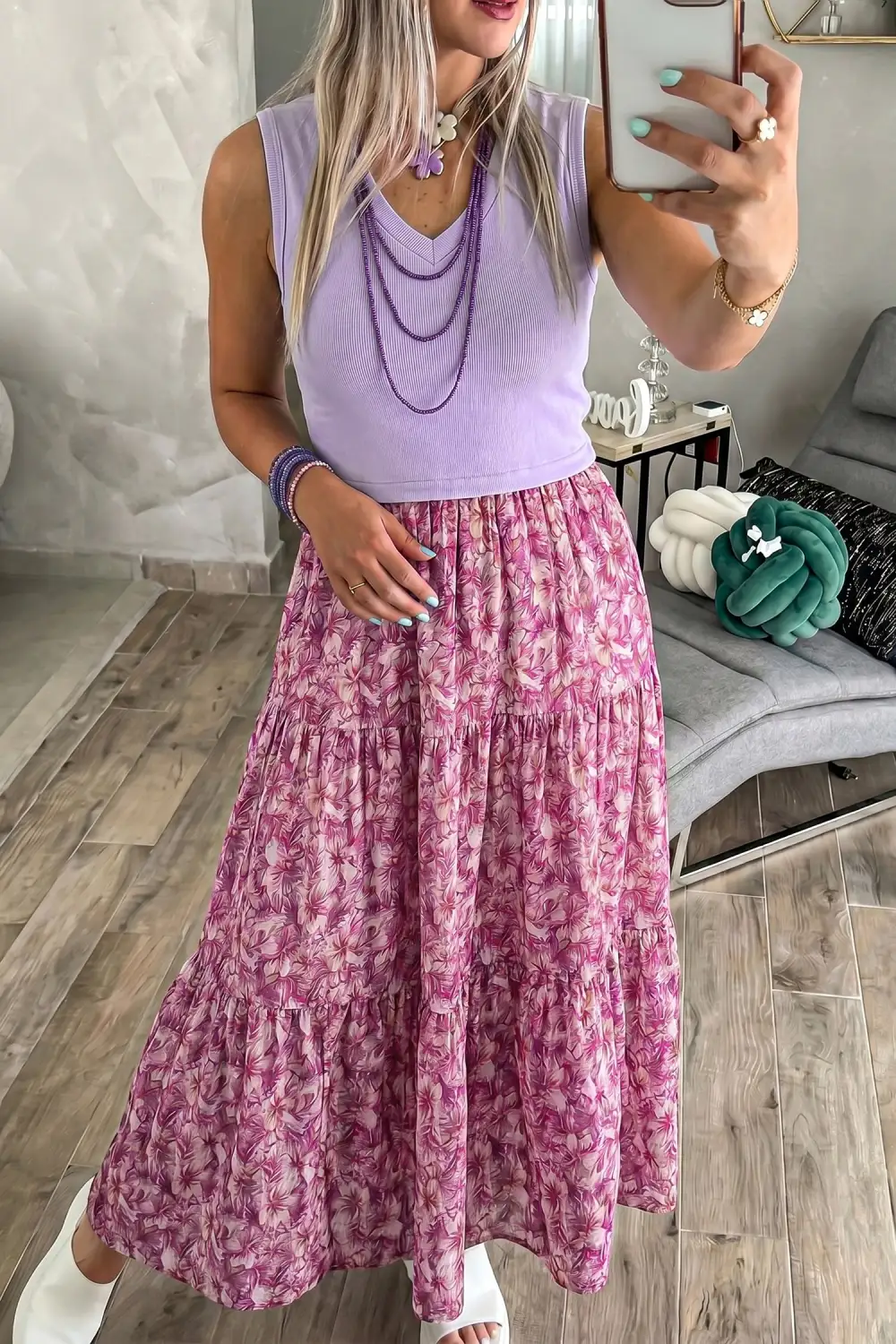 Classic Ribbed V Neck Tank Floral Contrast Patchwork Long Dress