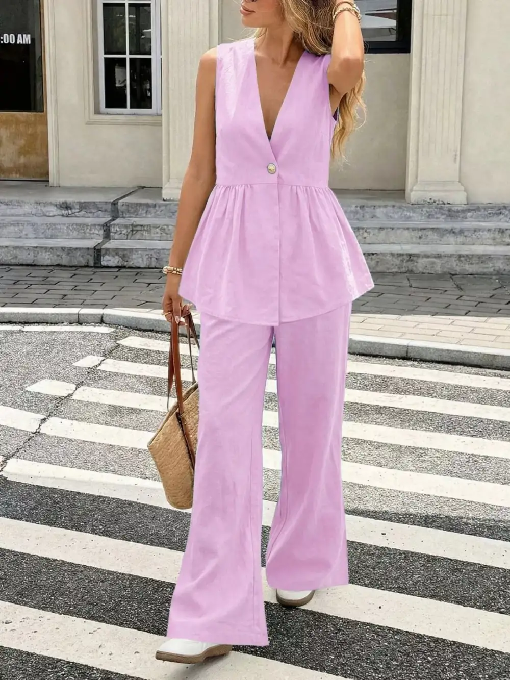 V Neck Sleeveless Peplum Top and Wide Leg Pants