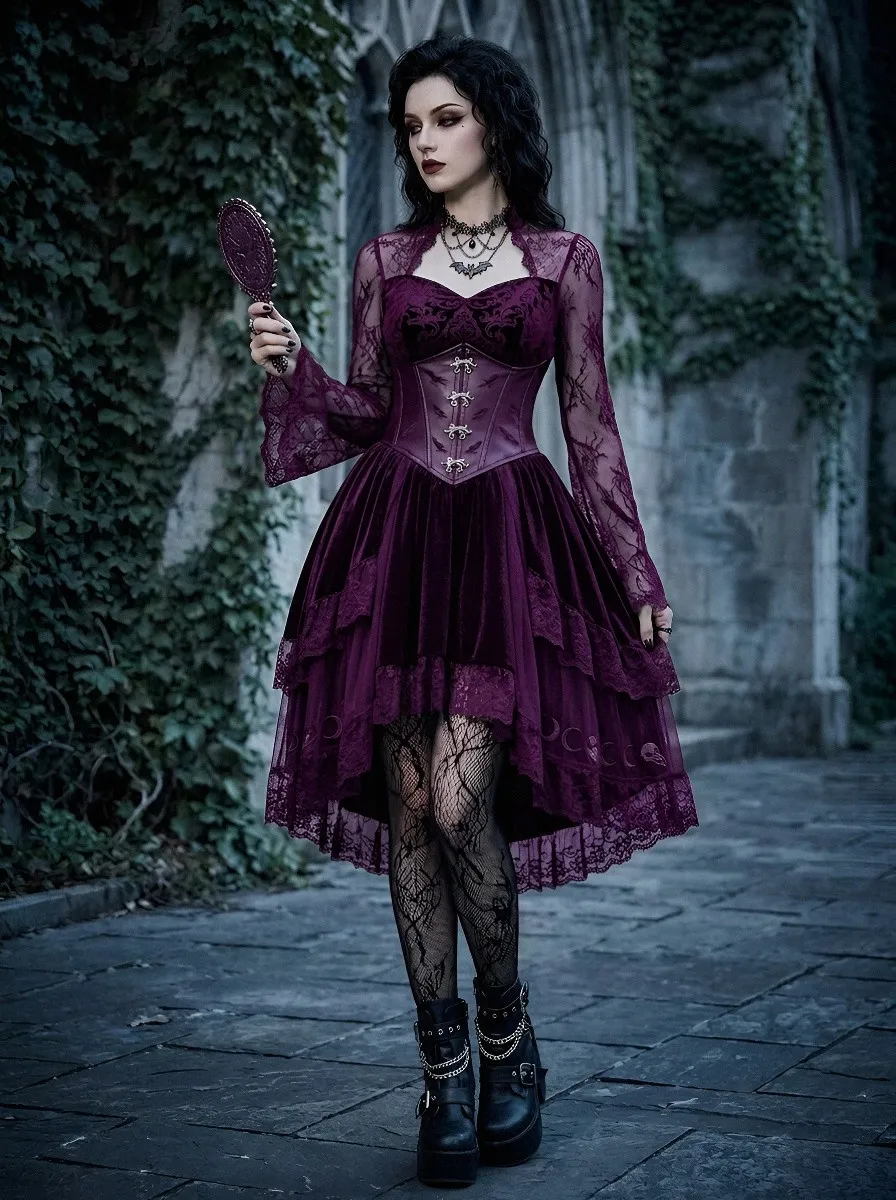Women's Gothic Moon Phase Lace Corset Printed Mini Dress