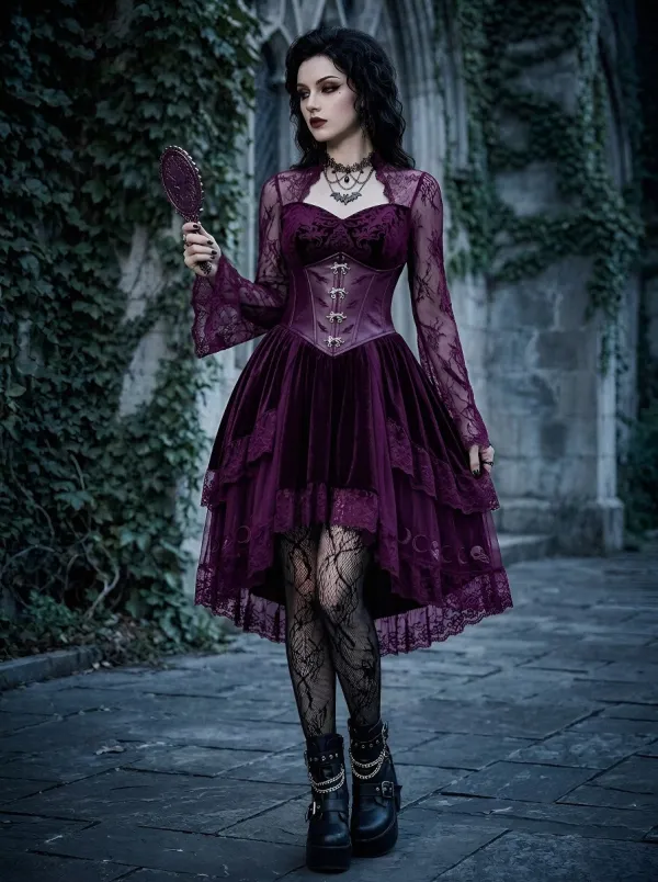 Women's Gothic Moon Phase Lace Corset Printed Mini Dress