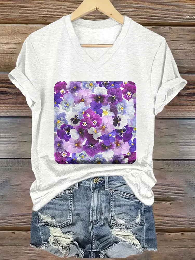 Women's Printed Alzheimer's Awareness V-Neck Short-Sleeved T-Shirt