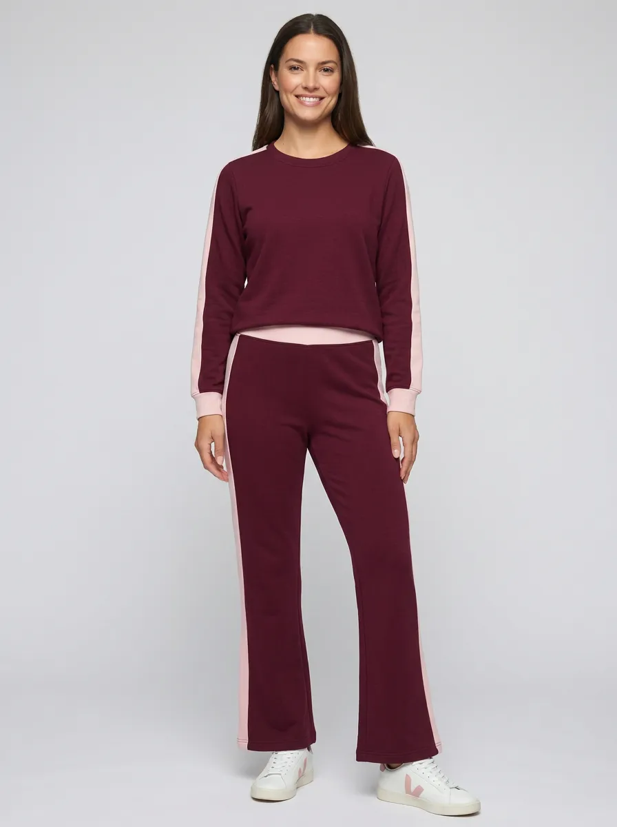 Women's Casual Burgundy Pink Striped Colorblock Lounge Set
