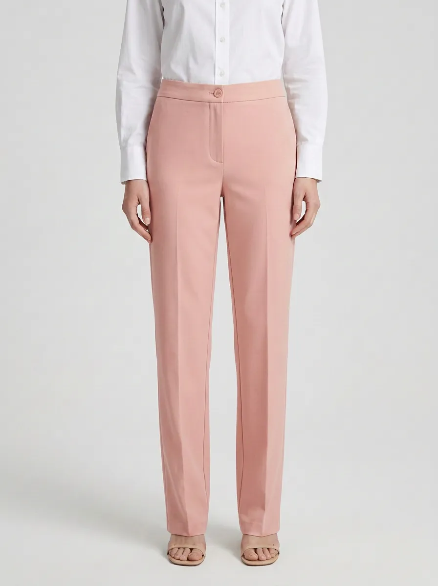Women's Minimalist Beige Solid Color Mid-Rise Straight Leg Trousers