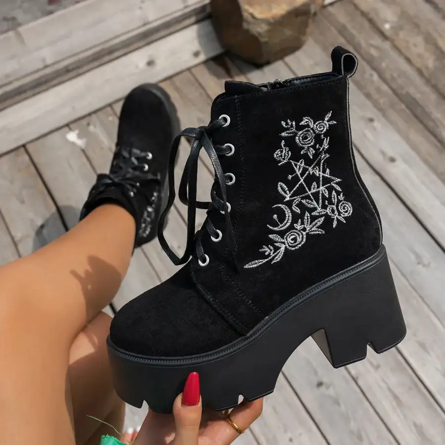 Embroidered Platform Combat Boots