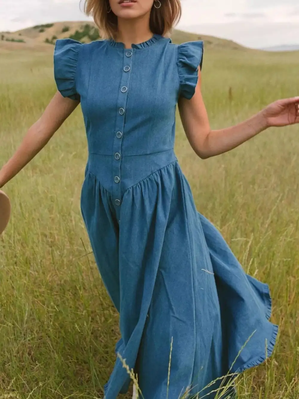Button Front Cap Sleeve Tiered Belted Dress