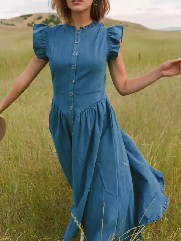 Button Front Cap Sleeve Tiered Belted Dress