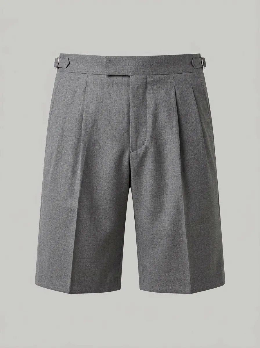 Men's Grey Pleated Side-Buckle Tailored Shorts