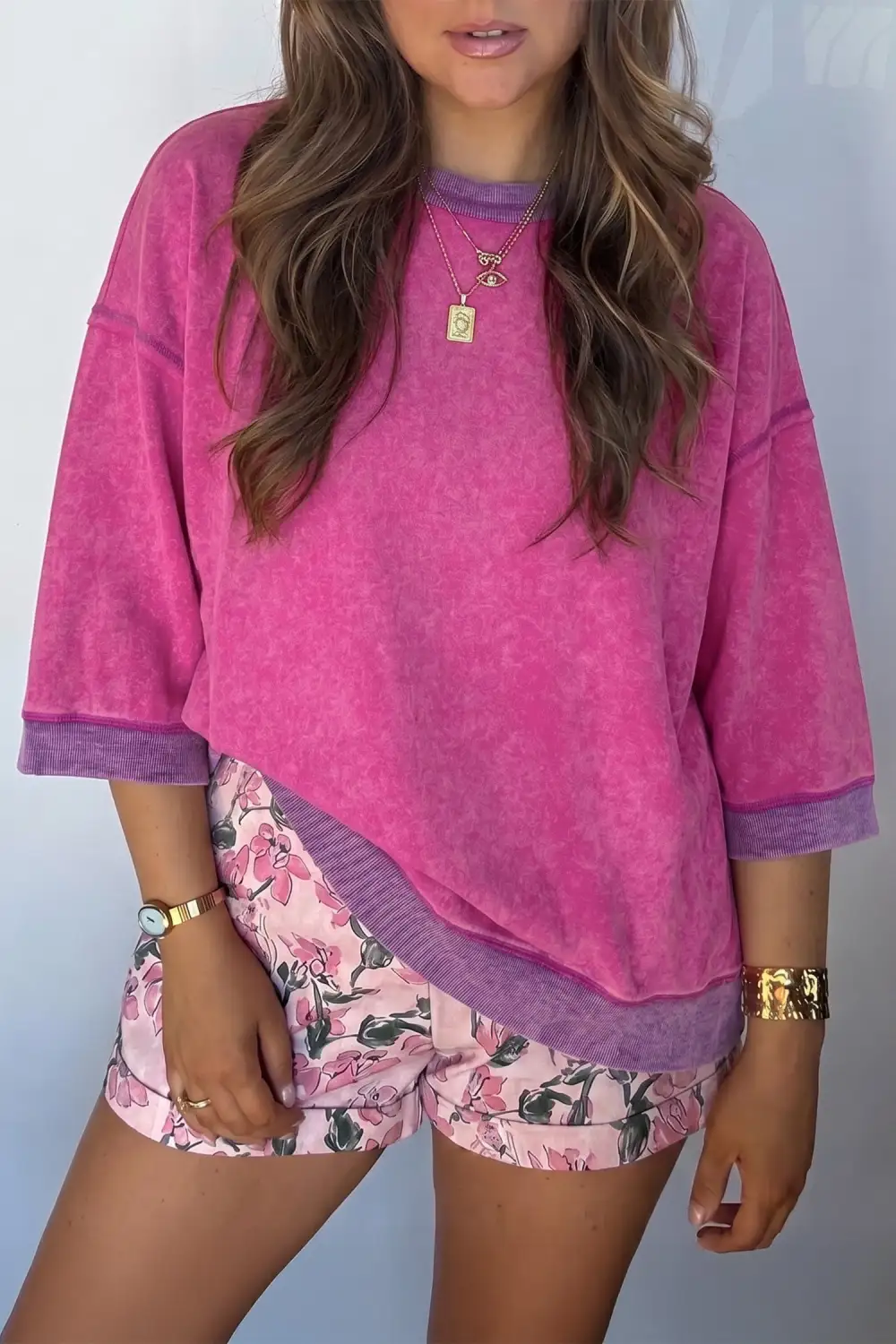 Color Block Ribbed Relaxed Cotton Blend Bracelet Sleeve Top