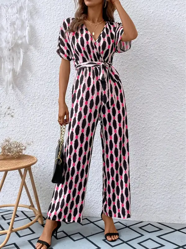 Printed Surplice Tie Waist Short Sleeve Shorts