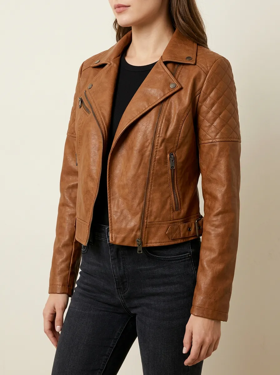 Women's Brown Quilted Faux Leather Biker Jacket