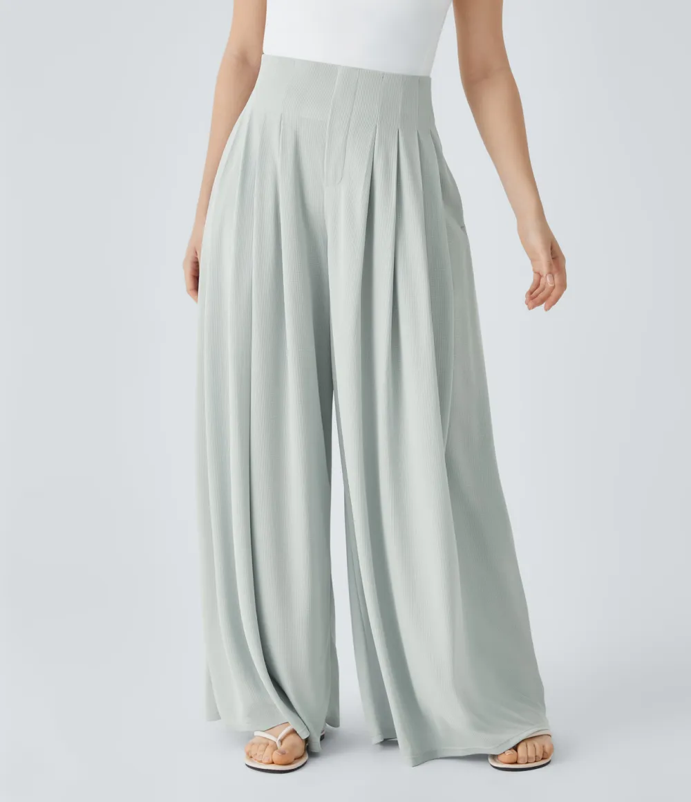 High Waisted Pleated Side Pocket Flowy Wide Leg Palazzo Waffle Casual Pants