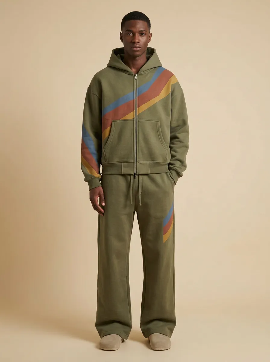 Men's Retro Stripe Printed Hoodie Jogger Set
