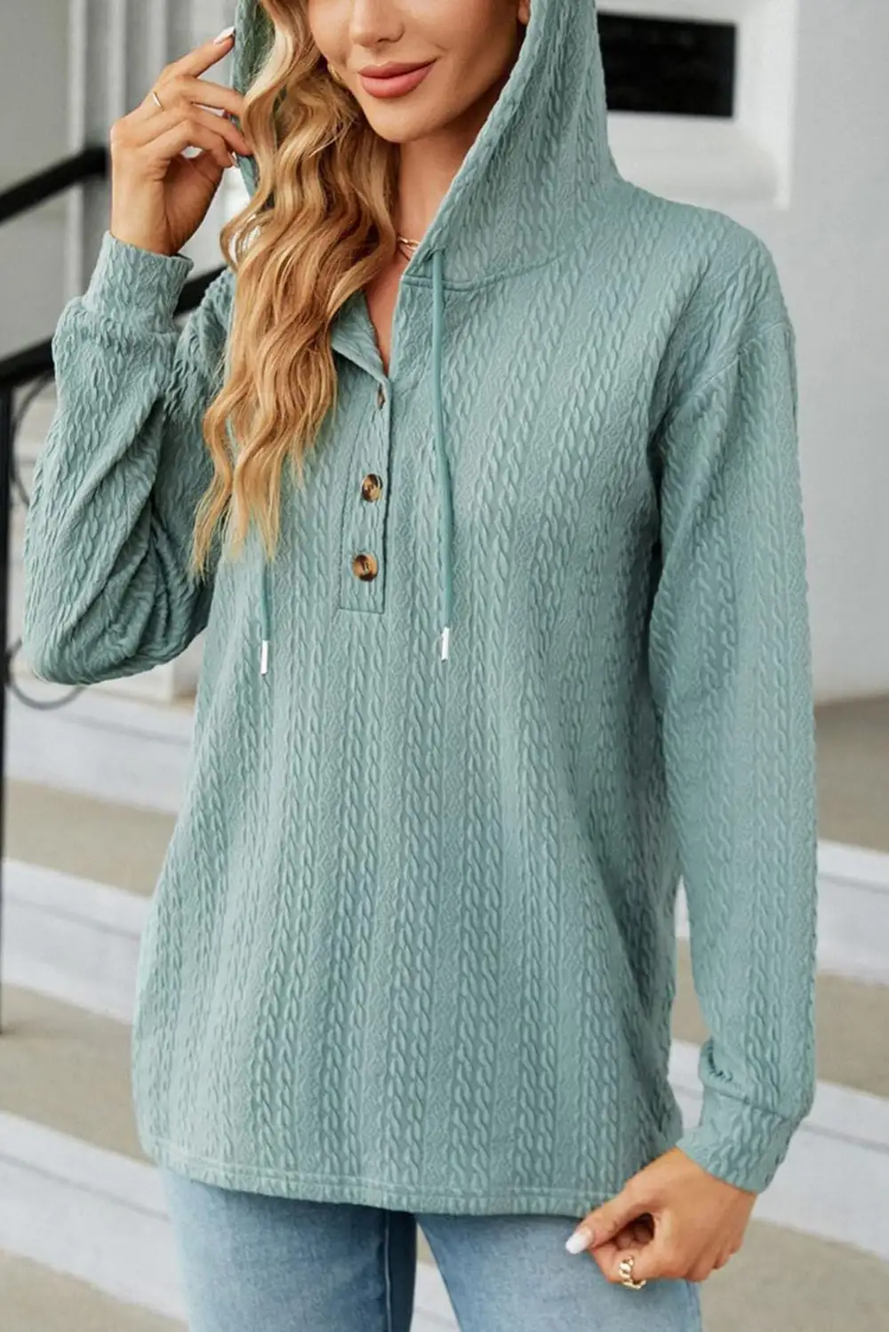 Women's Textured Long Sleeve Button Detail Top