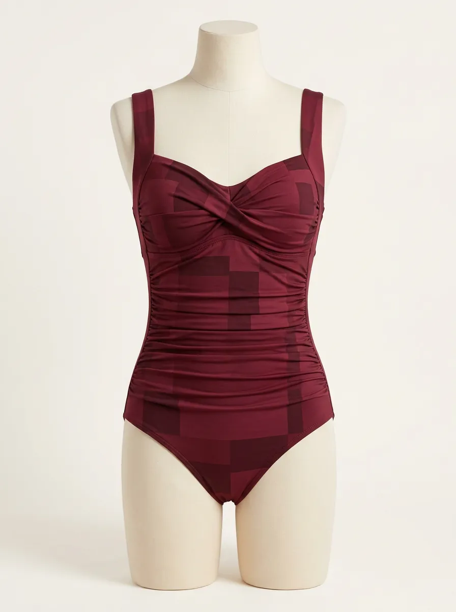 Classic Geometric-Pattern Ruched One-Piece Swimsuit
