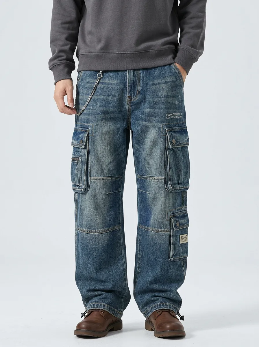 Men's Streetwear Urban Letter Printed Denim Cargo Jeans