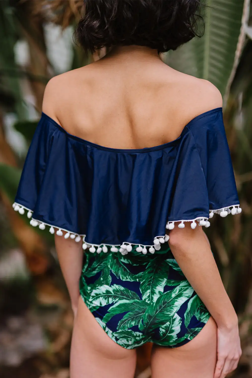 Swimwear Retro Flounce Tassel Off Shoulder High Waisted Bikini