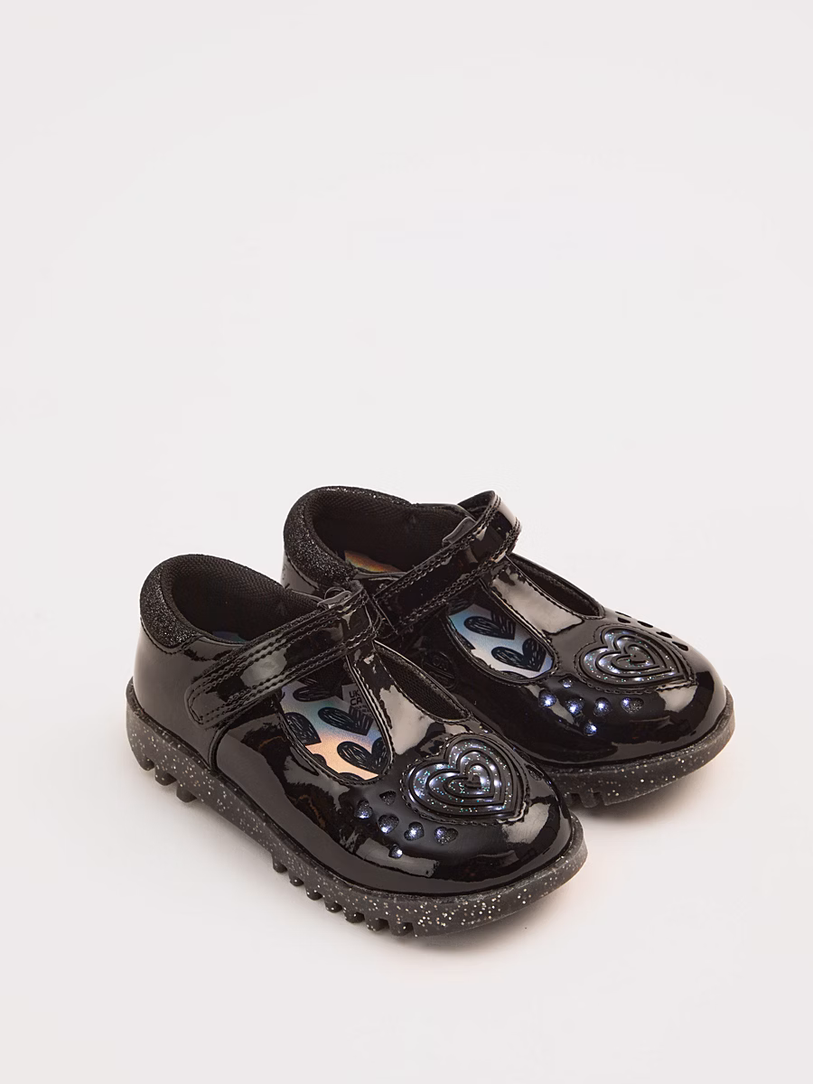 Black Patent Light Up Heart T-Bar School Shoes detail 1
