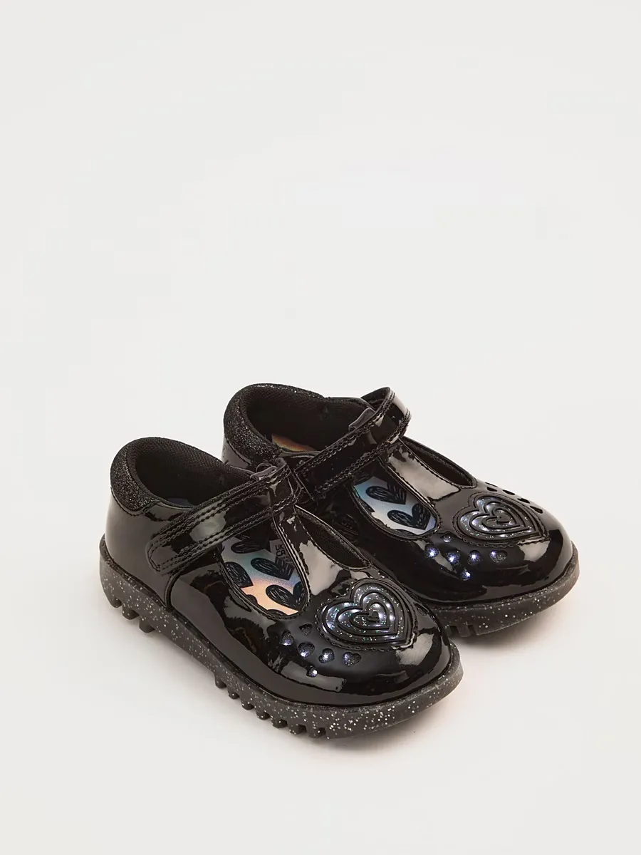 Black Patent Light Up Heart T-Bar School Shoes
