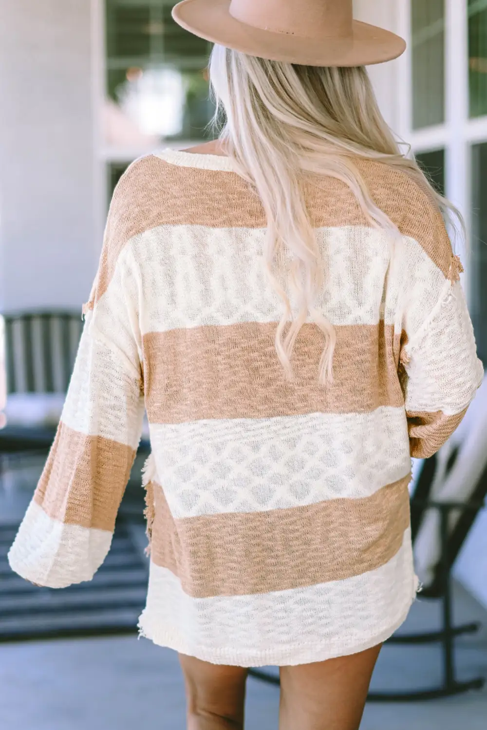 Oversized Color Block Frayed High-Low Henley Sweater