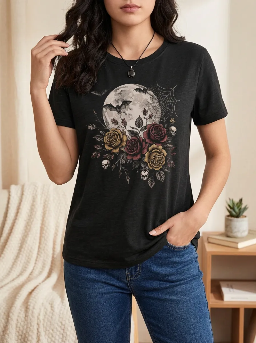 Women's Halloween Gothic Moon Rose Skull Printed T-shirt