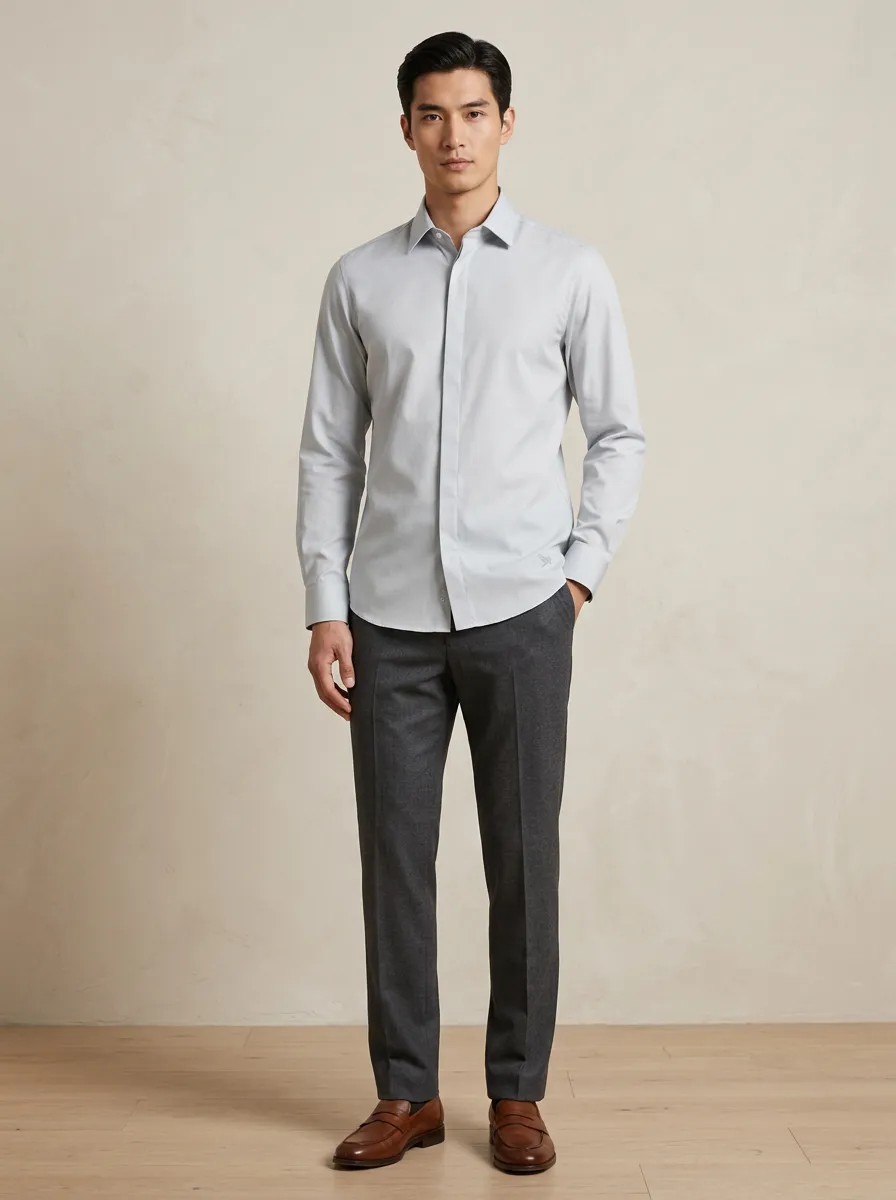 Men's Non-Iron Cotton Solid Light Gray Long Sleeve Dress Shirt