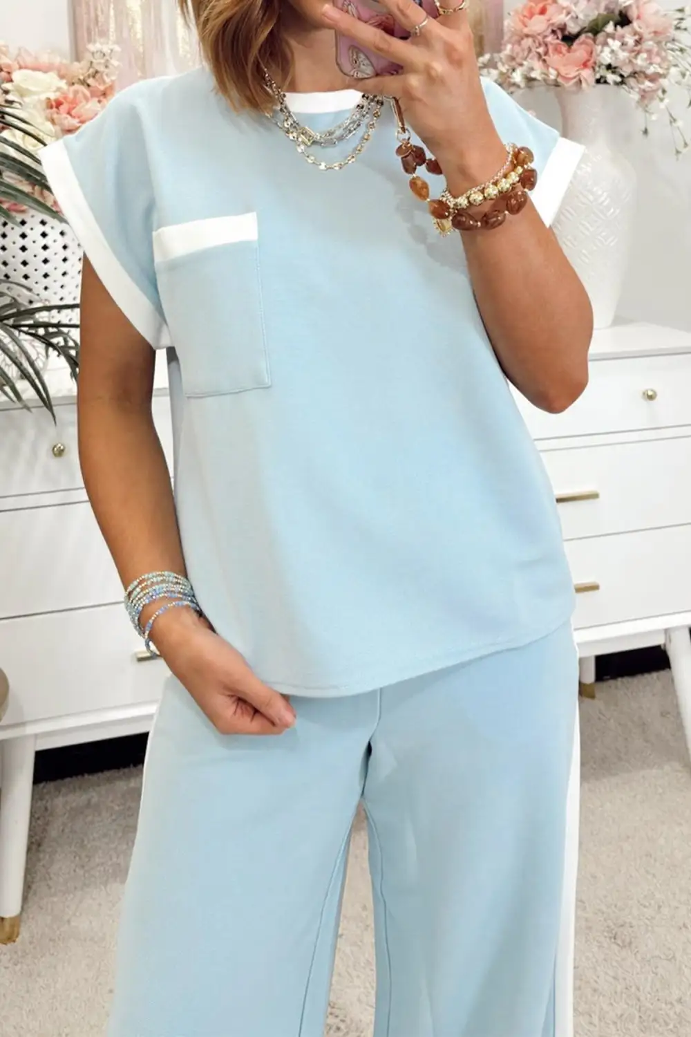 Women's Contrast Trim Round Neck Pocketed Boxy Tank Top Wide Leg Pant Set