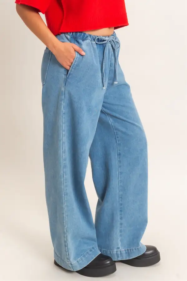 Women's Elastic-Waist Wide-Leg Denim Pants