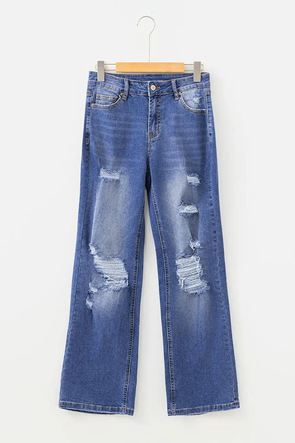 Mid Rise Straight Leg Distressed Denim Jeans
