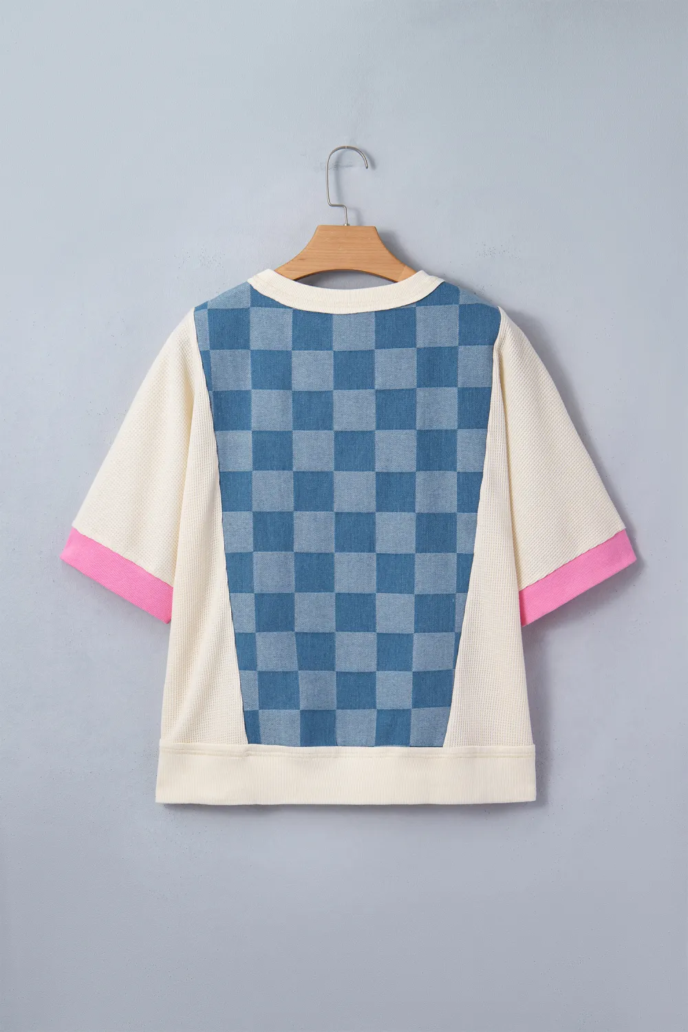 Dusk Blue Checkered Denim Patchwork Top