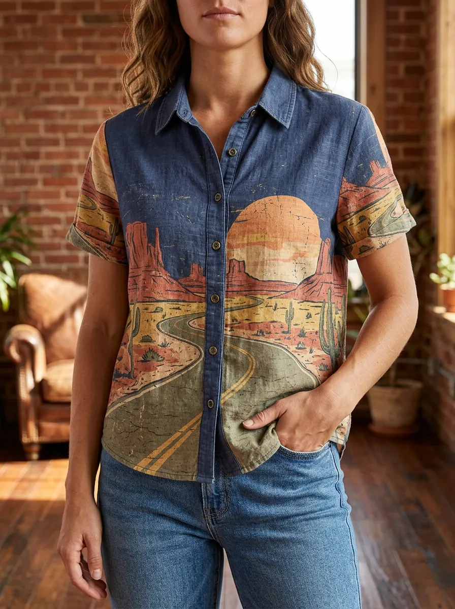Women's Modern Desert Road Cactus Sunset Shirt